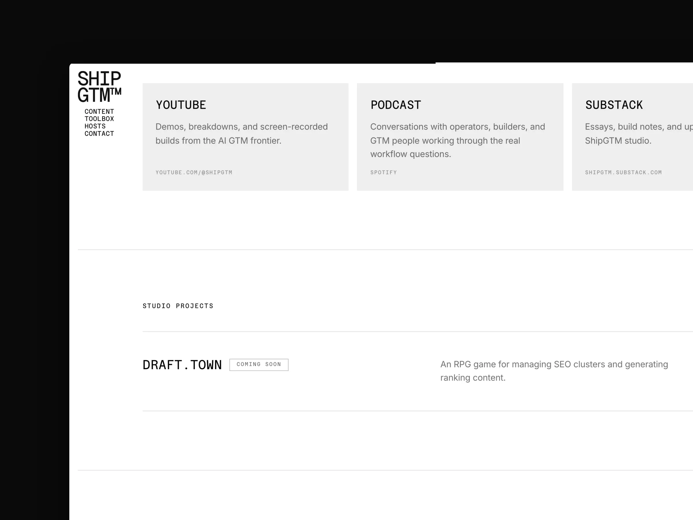 ShipGTM, a publication for AI-native go-to-market: the homepage, its channels, and the hosts and contact page on a MacBook beside the mobile site.