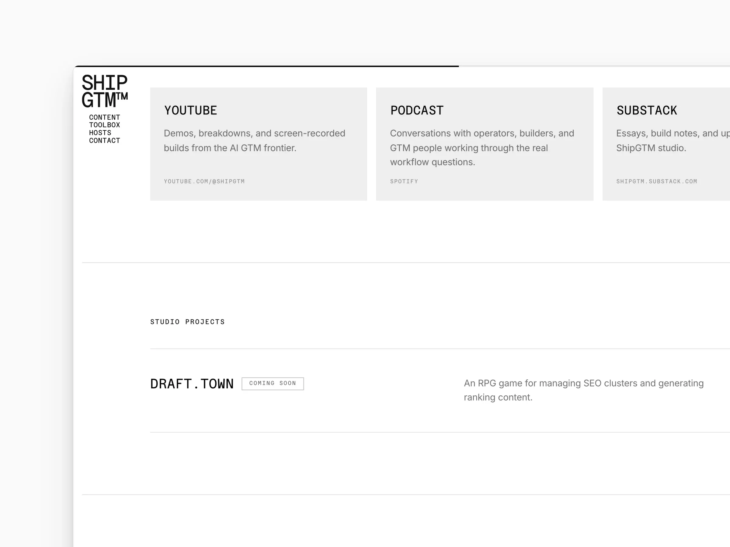 ShipGTM, a publication for AI-native go-to-market: the homepage, its channels, and the hosts and contact page on a MacBook beside the mobile site.