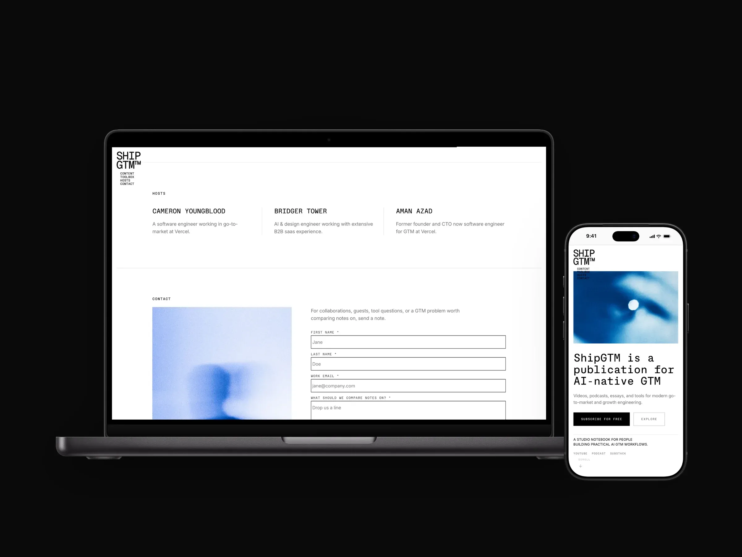 ShipGTM, a publication for AI-native go-to-market: the homepage, its channels, and the hosts and contact page on a MacBook beside the mobile site.