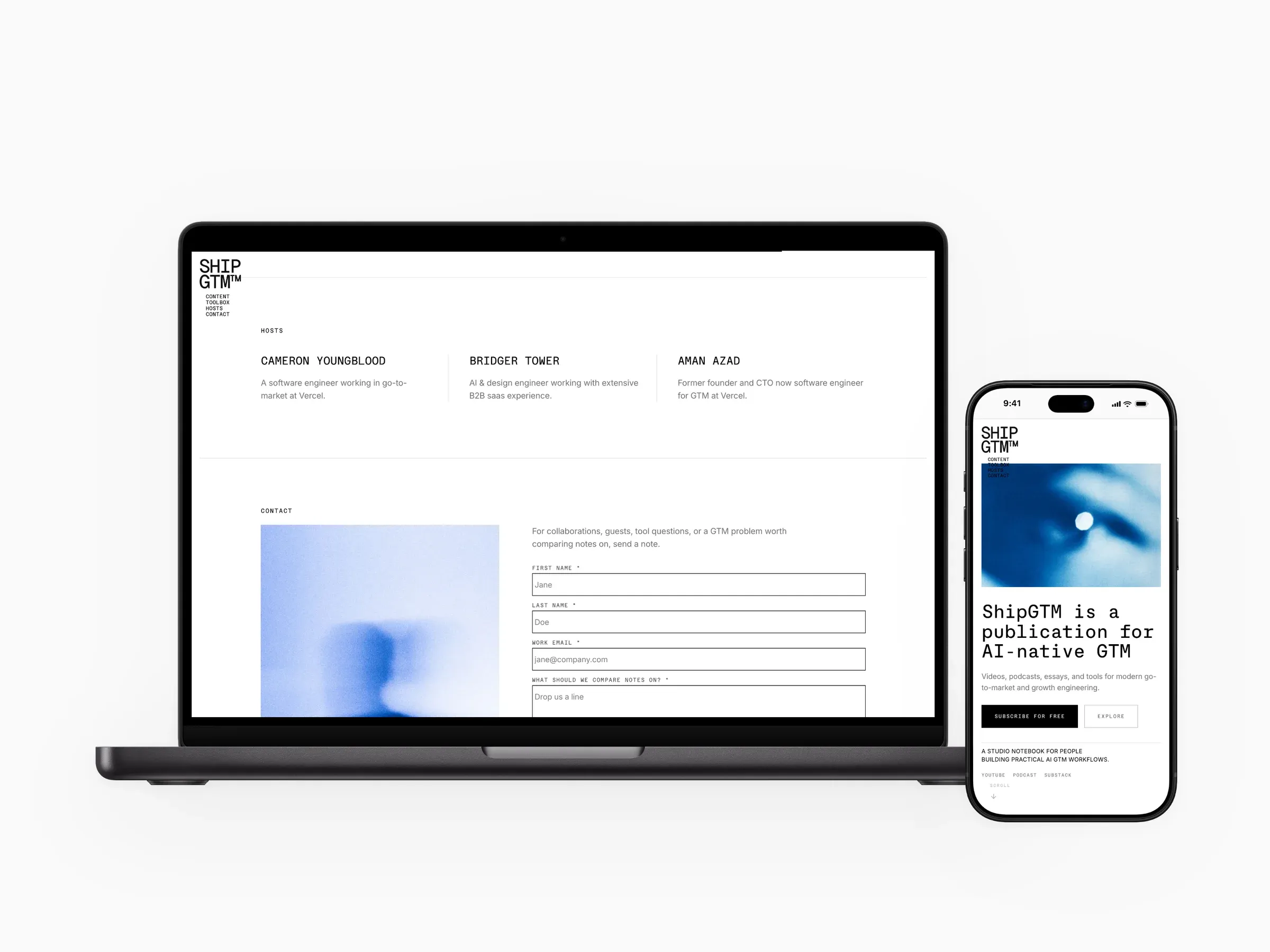 ShipGTM, a publication for AI-native go-to-market: the homepage, its channels, and the hosts and contact page on a MacBook beside the mobile site.