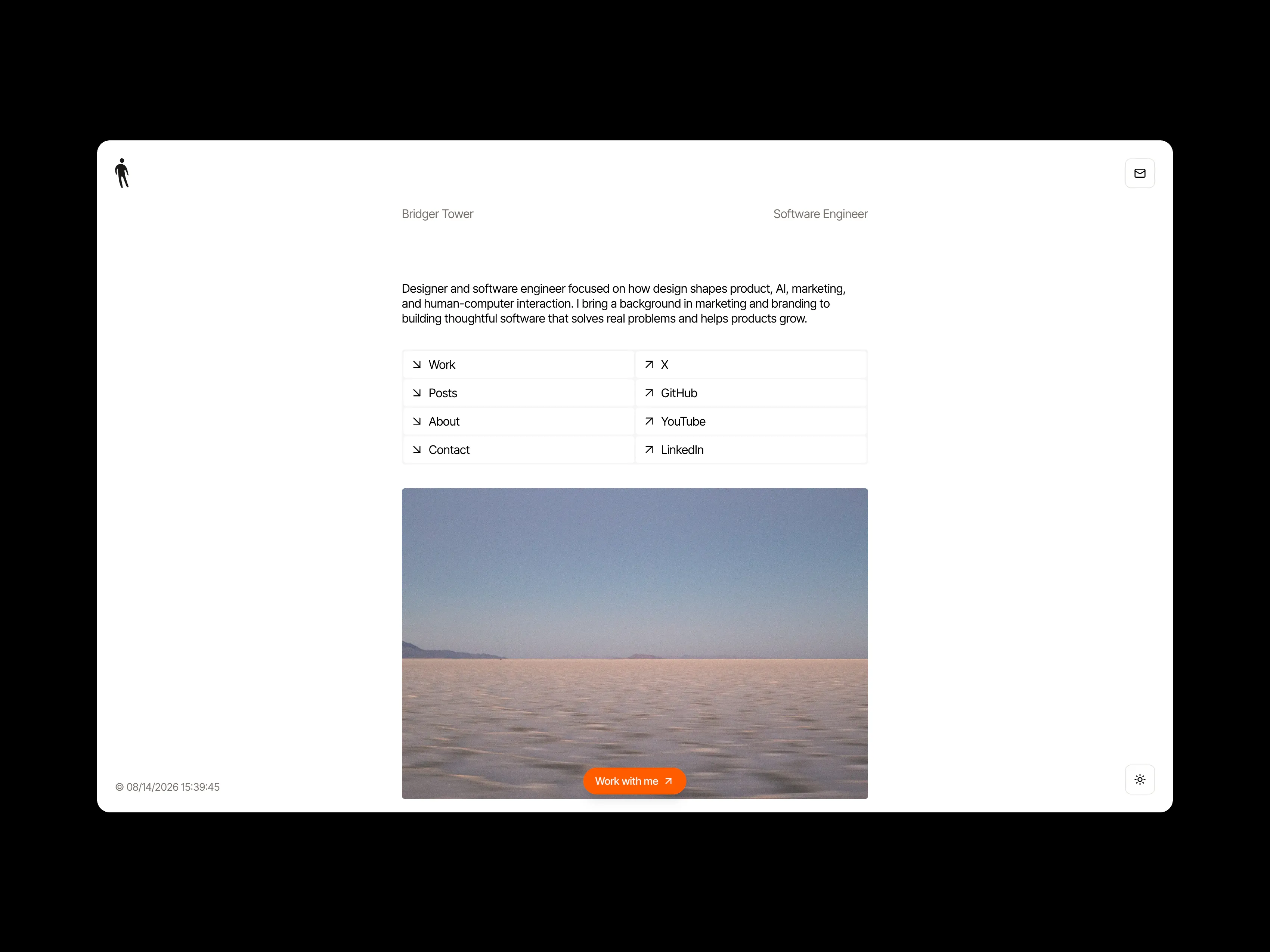 Bridger Tower’s personal website with an introduction, social links, and a landscape photograph.
