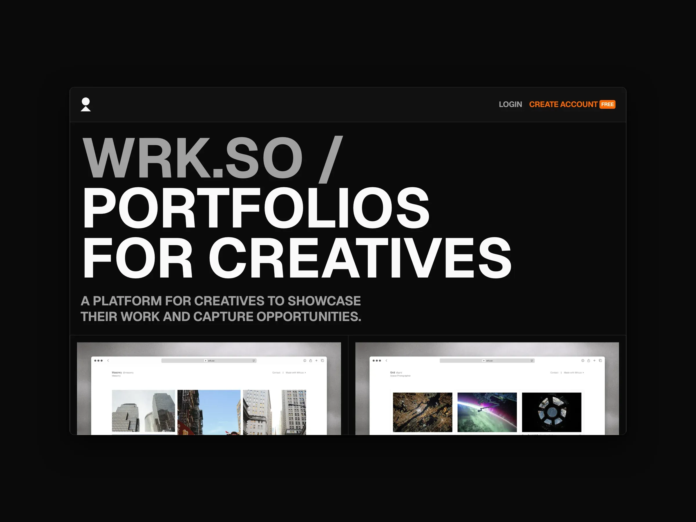 Wrk.so, portfolios for creatives: the homepage, a masonry portfolio template, and a grid template on a MacBook beside the mobile site.