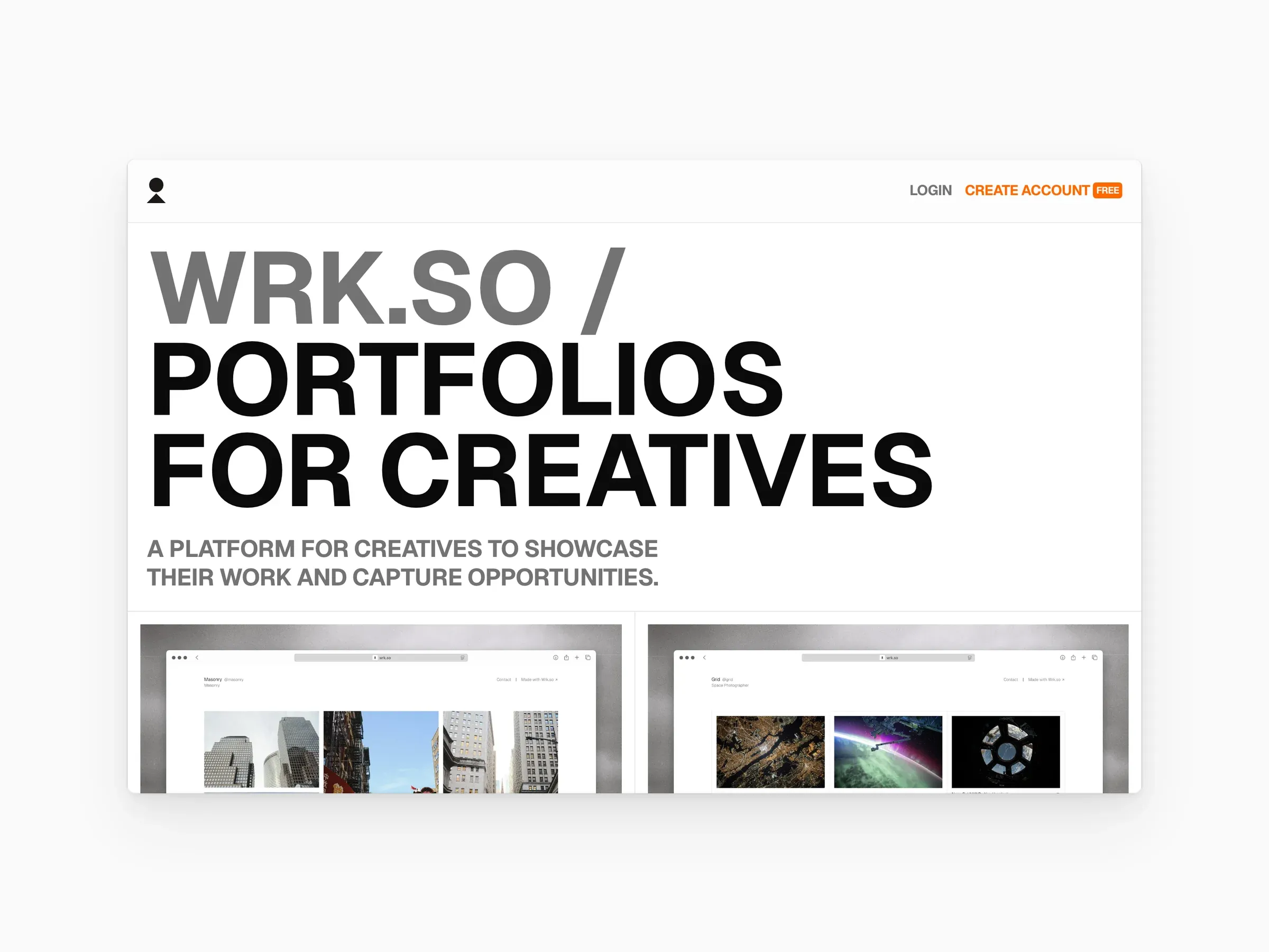 Wrk.so, portfolios for creatives: the homepage, a masonry portfolio template, and a grid template on a MacBook beside the mobile site.