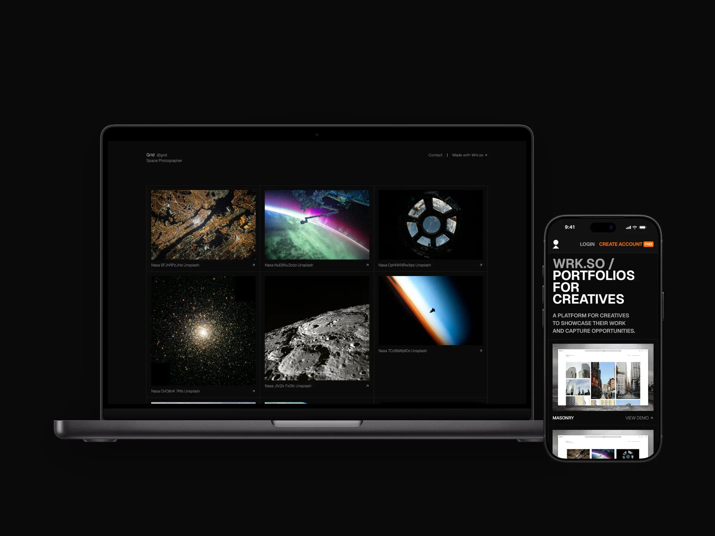 Wrk.so, portfolios for creatives: the homepage, a masonry portfolio template, and a grid template on a MacBook beside the mobile site.