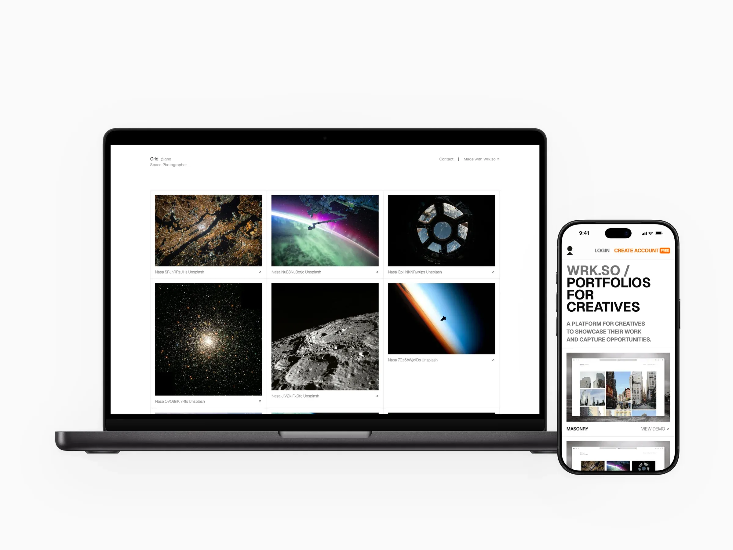 Wrk.so, portfolios for creatives: the homepage, a masonry portfolio template, and a grid template on a MacBook beside the mobile site.